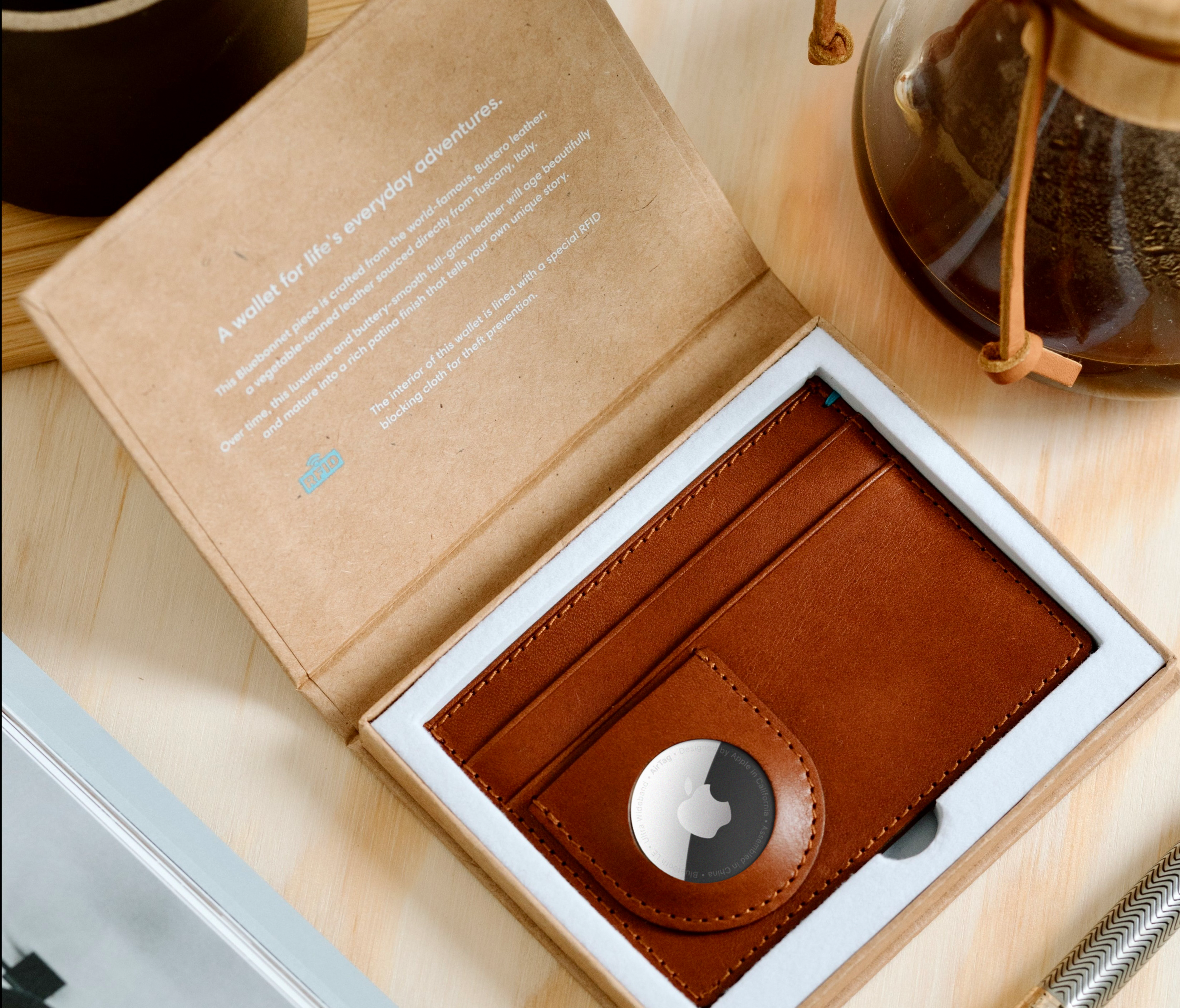 Minimalist Italian Leather AirTag Wallet in Gift Box - Tuscan Tan | Bluebonnet