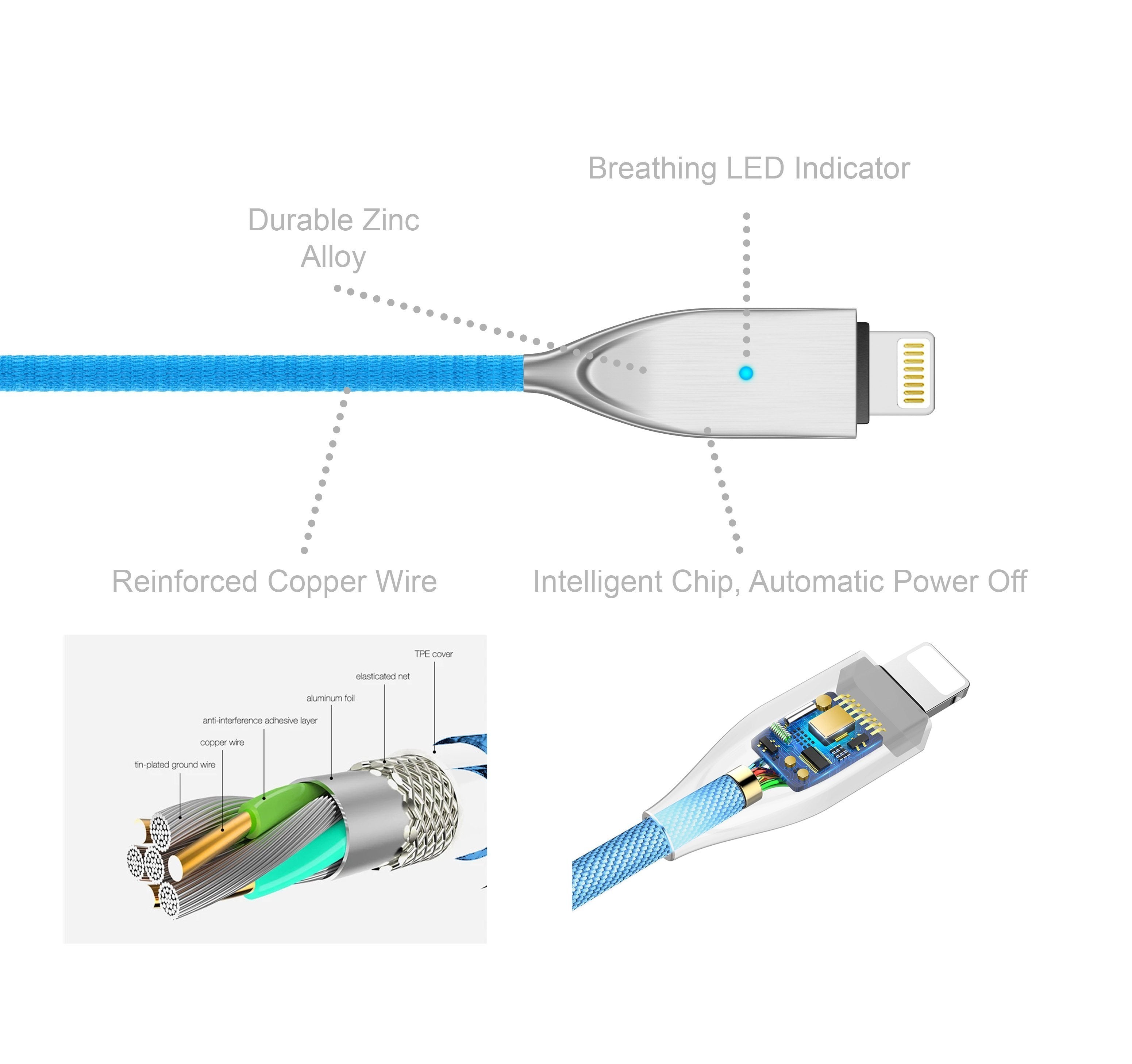 iPhone Charging Cable - Bluebonnet 4-Foot USB-A to Lightning Cable with LED Light + Leather Cord Wrap