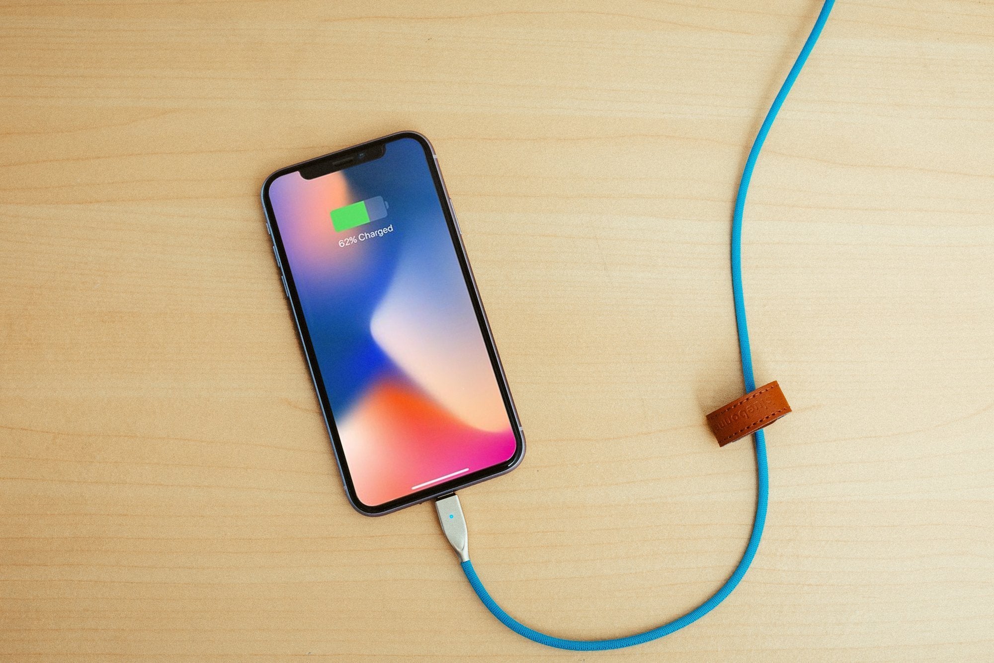 Bluebonnet 4-Foot USB-A to Lightning Cable with LED Light + Leather Cord Wrap
